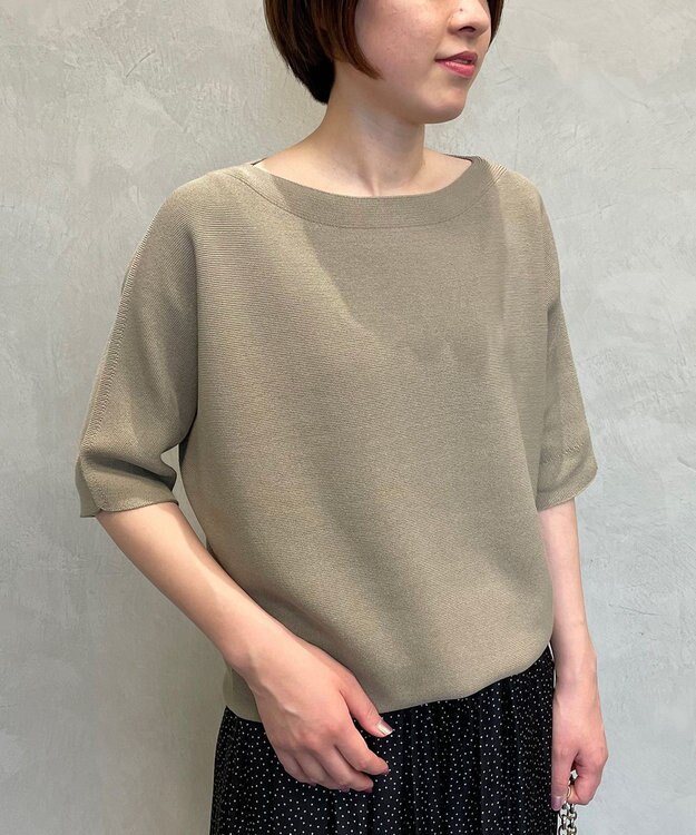 自由区 【洗える】コットンストレッチホールガーメント プルオーバー ニット カーキ系