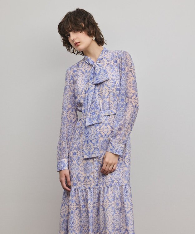 GRACE CONTINENTAL ダマスク柄風プリントワンピース ブルー