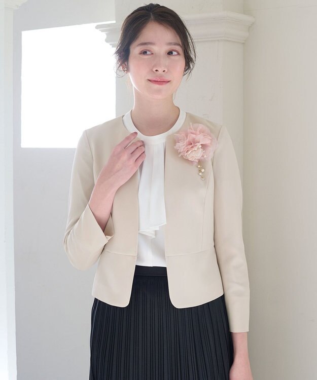 ANY SIS 【セットアップ対応】セレモニーダブルクロス ノーカラー ジャケット ベージュ