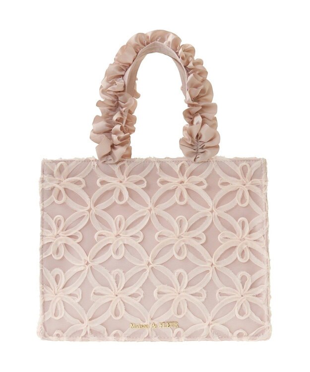 Maison de FLEUR チュールフラワーフリルスクエアトートバッグ Pink Beige