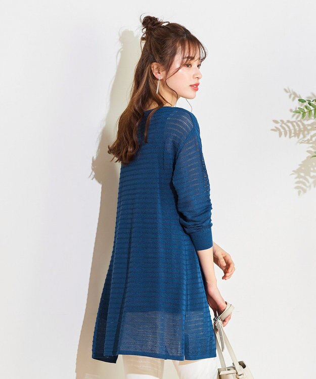 Tiaclasse 【洗える】体型カバーも叶う透け柄編みニットチュニックアンサンブル（2点セット） ターコイズ