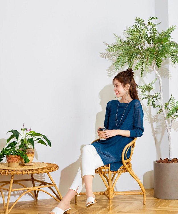 Tiaclasse 【洗える】体型カバーも叶う透け柄編みニットチュニックアンサンブル（2点セット） ターコイズ