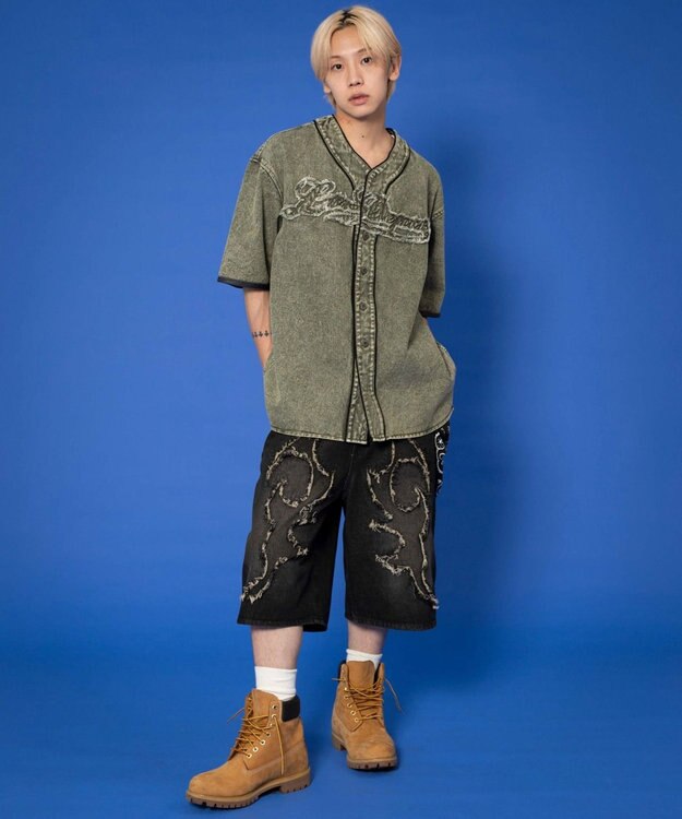 WEGO 【ユニセックス着用ITEM】ベースボールデニムグラフィックシャツ（SS） カーキ