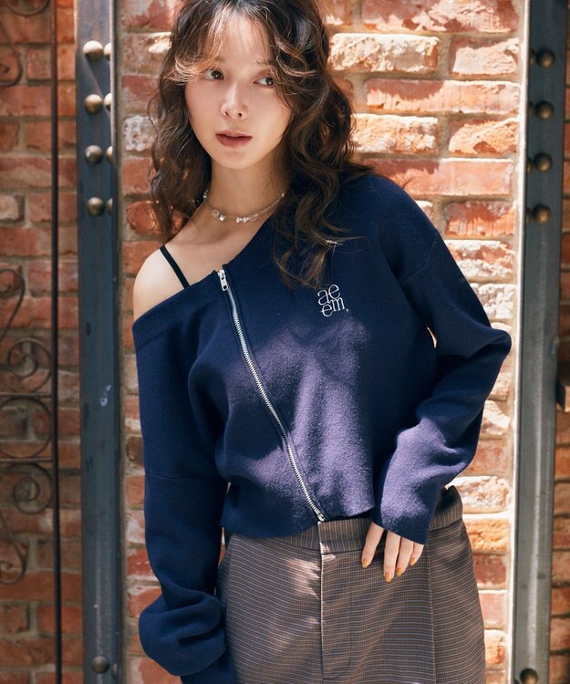 earth music&ecology ダブルジップロゴニットプルオーバー Navy