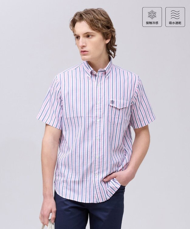 J.PRESS MEN 今季大人気！【吸水速乾 / 接触冷感 / 高通気性】Aero Weave クールマックスサッカー ストライプ シャツ / B.D. ピンク系1