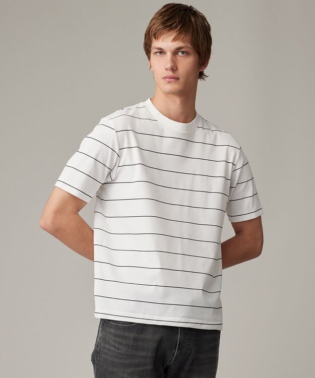 JOSEPH ABBOUD 【和紙ニット/日本素材・縫製/ 軽量/通気性/速乾性】和紙フライスボーダー Tシャツ ホワイト系2