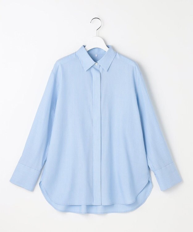 自由区 L ドレープブロード シャツブラウス サックス×白ライン