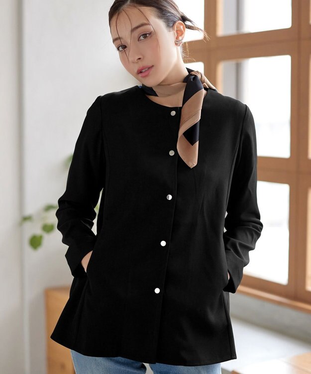 Tiaclasse ノーカラー後ろタックフレアコート ブラック