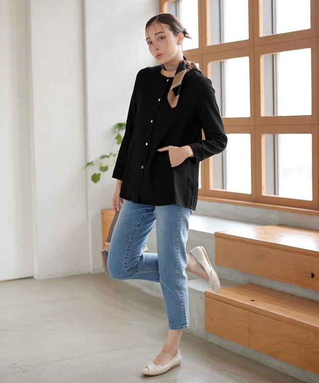 Tiaclasse 【洗える】ノーカラー後ろタックフレアコート ブラック