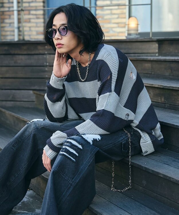 WEGO ボーダーダメージニットプルオーバー グレーボーダー