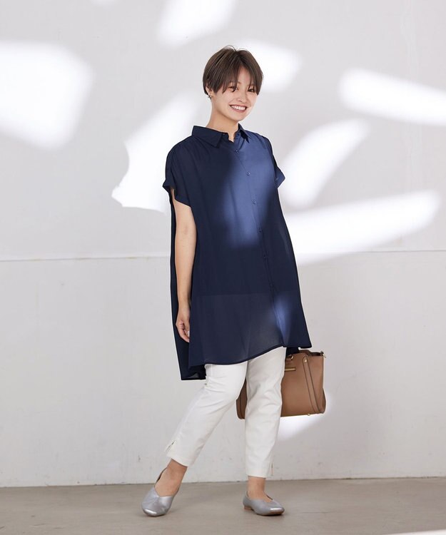 Tiaclasse L 【洗える】フレンチスリーブシャツチュニックブラウス ネイビー