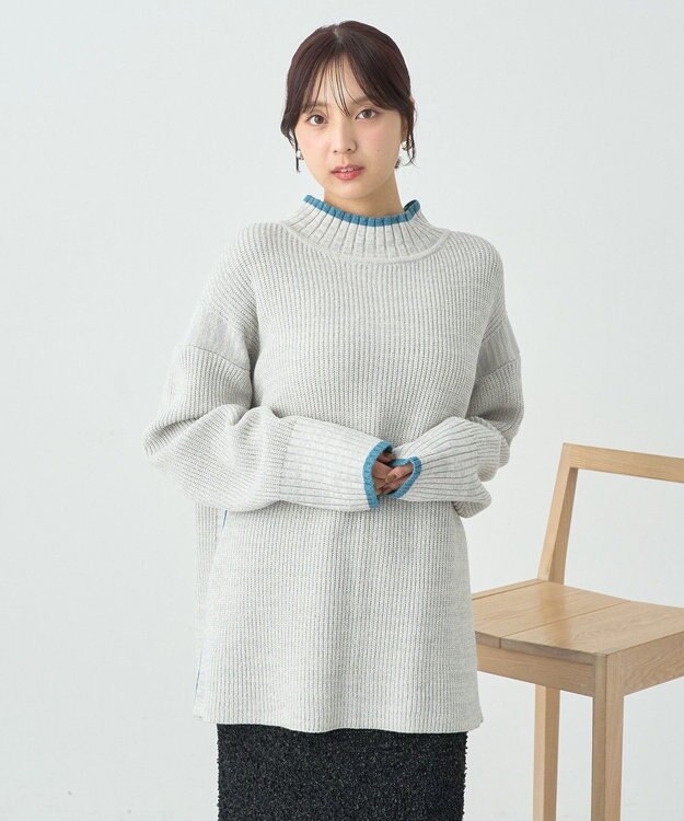 earth music&ecology ライン入りハイネックニットチュニック Light Gray Mixture