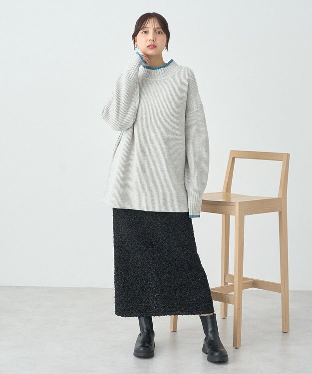 earth music&ecology ライン入りハイネックニットチュニック Light Gray Mixture