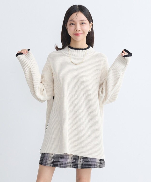 earth music&ecology ライン入りハイネックニットチュニック Light Gray Mixture