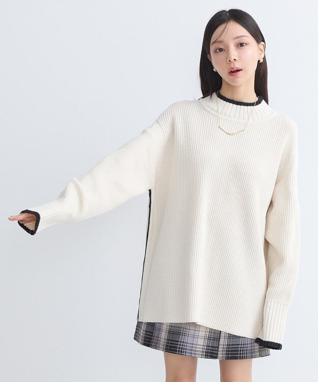 earth music&ecology ライン入りハイネックニットチュニック Light Gray Mixture