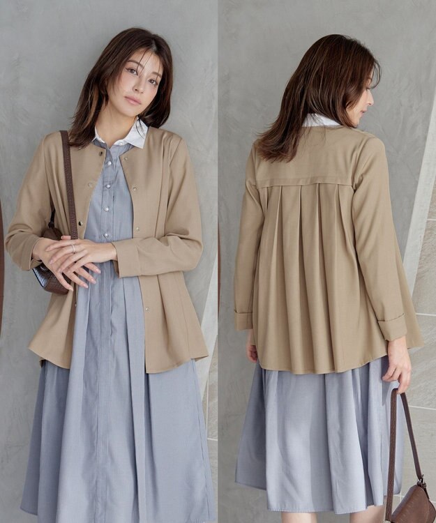 Tiaclasse ノーカラー後ろタックフレアコート ベージュ