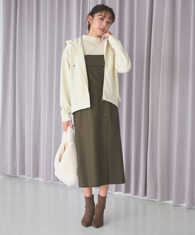 Feroux 【古畑星夏さん着用・セットアイテム】刺繍ポイント ニット × ジャンパー スカート カーキ系