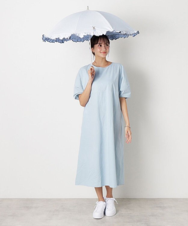 MOONBAT 【WEB限定】POLO RALPH LAUREN（ポロ ラルフローレン）晴雨兼用日傘 長傘 ワンポイントベア刺繍 フリル 一級遮光 遮熱 UV サックスブルー(ストライプ)