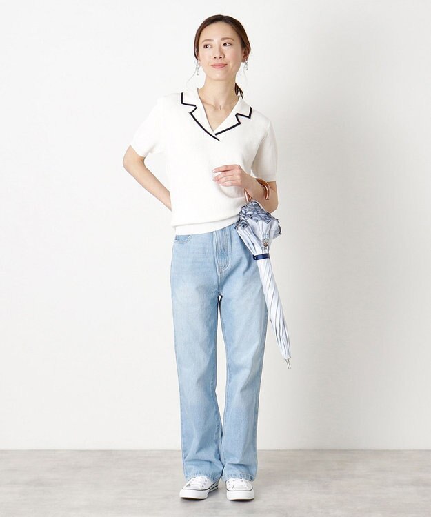 MOONBAT 【WEB限定】POLO RALPH LAUREN（ポロ ラルフローレン）晴雨兼用日傘 長傘 ワンポイントベア刺繍 フリル 一級遮光 遮熱 UV サックスブルー(ストライプ)