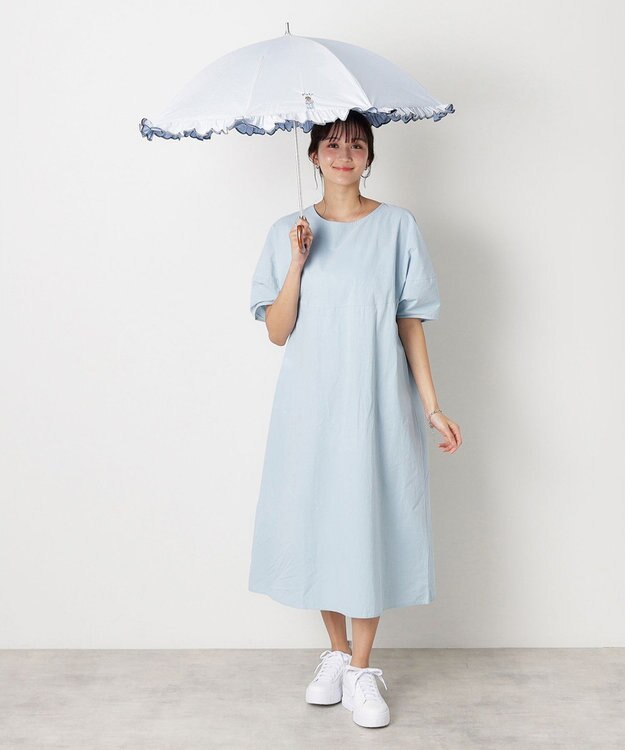 MOONBAT 【WEB限定】POLO RALPH LAUREN（ポロ ラルフローレン）晴雨兼用日傘 長傘 ワンポイントベア刺繍 フリル 一級遮光 遮熱 UV サックスブルー(ストライプ)