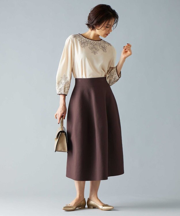 自由区 S 【洗える】コードエンブロイダリーボートネック ブラウス シャンパンベージュ