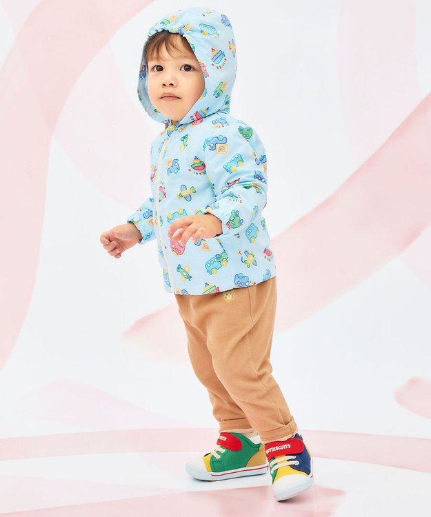 MIKI HOUSE HOT BISCUITS 【80-120cm】ビーンズ×乗り物 総柄ウインドブレーカー サックス