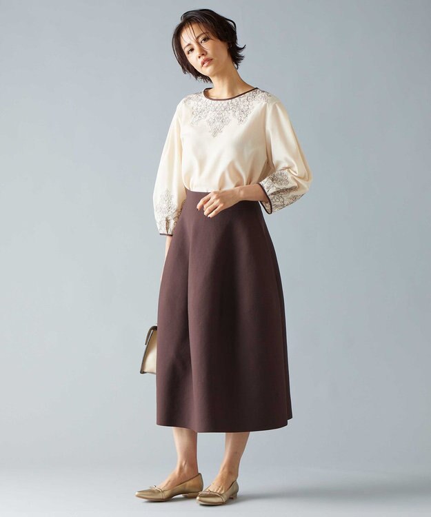 自由区 S 【洗える】コードエンブロイダリーボートネック ブラウス シャンパンベージュ