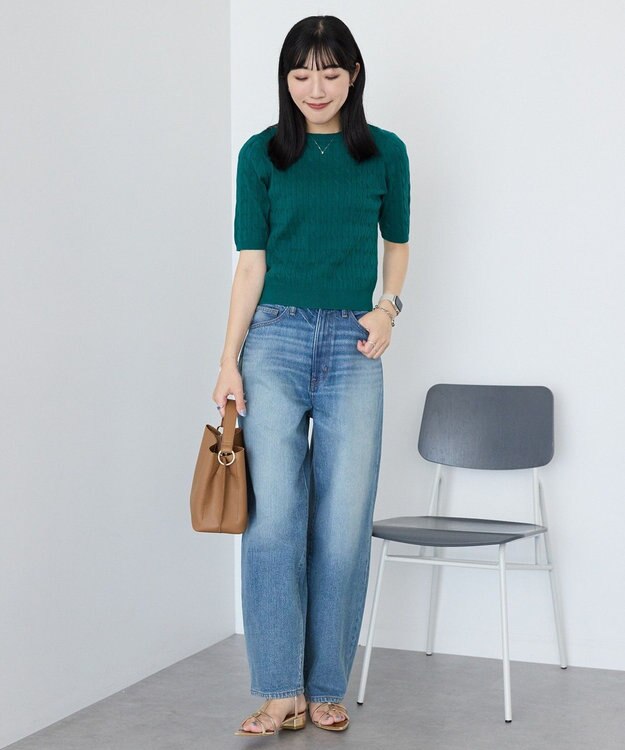 AMERICAN HOLIC ケーブル5分袖ニットプルオーバー Green