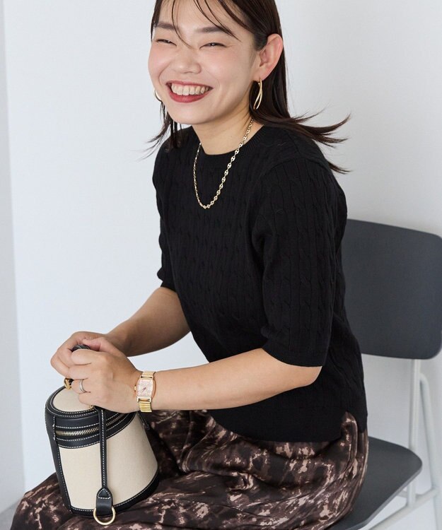 AMERICAN HOLIC ケーブル5分袖ニットプルオーバー Black