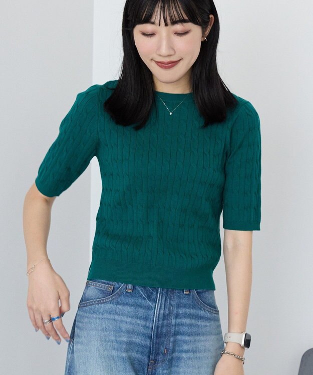 AMERICAN HOLIC ケーブル5分袖ニットプルオーバー Green
