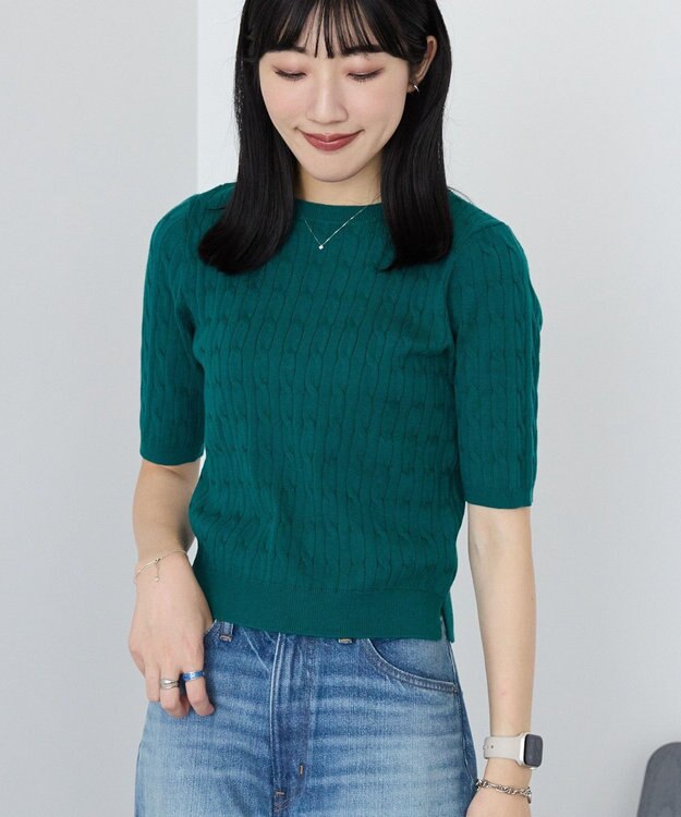 AMERICAN HOLIC ケーブル5分袖ニットプルオーバー Green