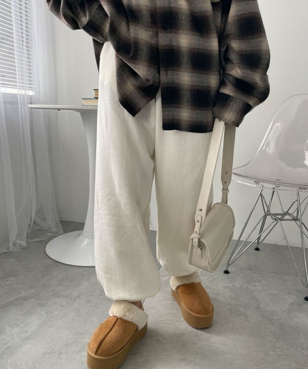 WEGO 【あったか/ウエストゴム】裏起毛スウェットジョガーパンツ ホワイトアイボリー