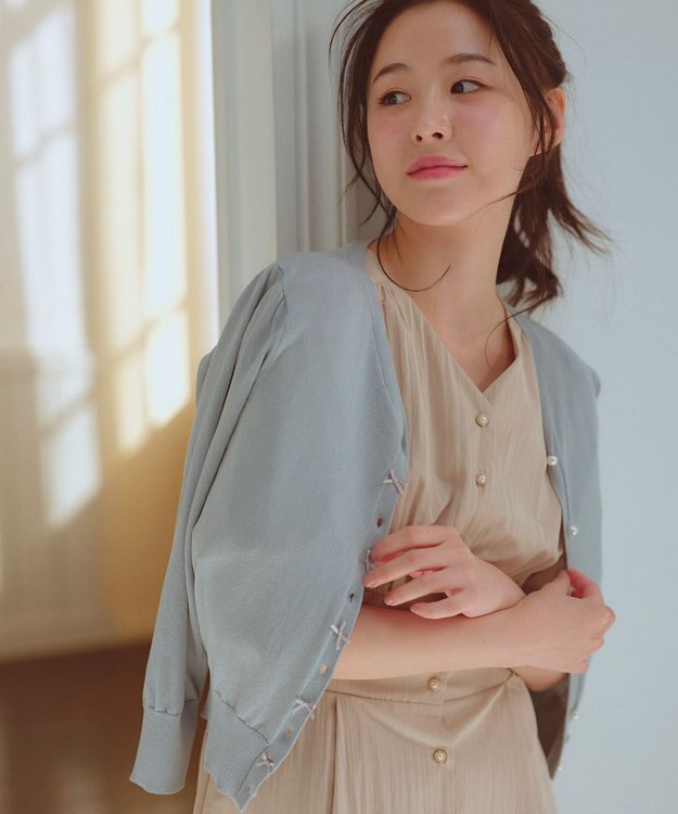 Feroux リボンパール七分袖 カーディガン ライトグリーン系