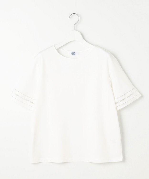 J.PRESS LADIES 【接触冷感・UVケア】コンパクトコットンスムース 刺繍スリーブ カットソー ホワイト系