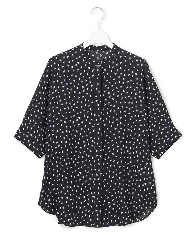 ICB L 【先行予約・WEB限定カラーあり】BackSatinAmunzen 5分袖バンドカラーブラウス  ブラック×モチーフドット柄
