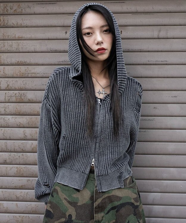 WEGO ダメージニットジップパーカー スミクロ