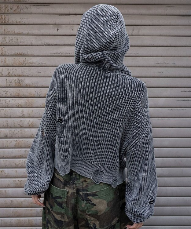 WEGO ダメージニットジップパーカー スミクロ