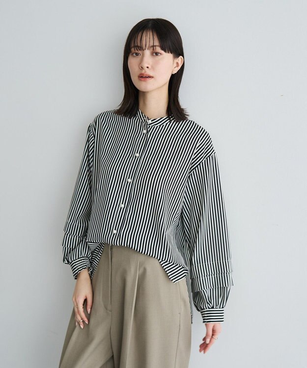YECCA VECCA 2way裾アレンジパール釦ブラウス Stripe