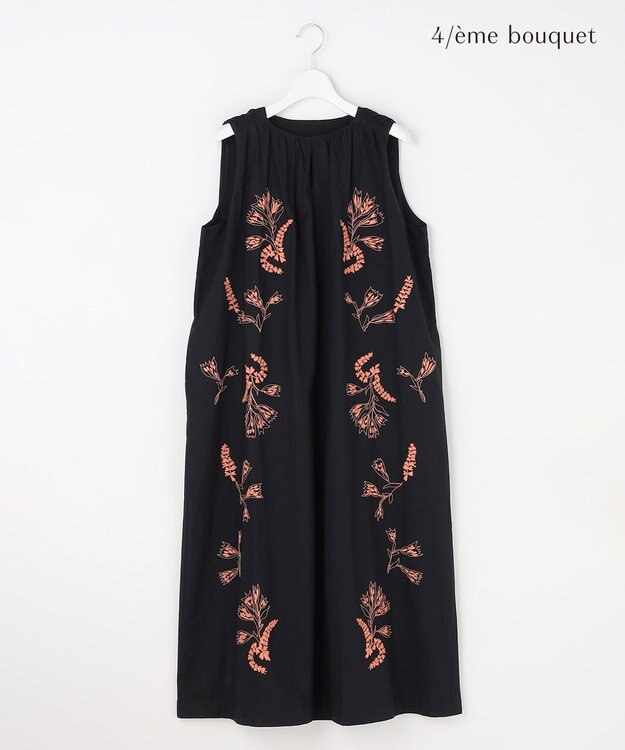自由区 【カトリエムブーケ】Broderie a motifs floraux 刺繍サックワンピース ブラック×オレンジ