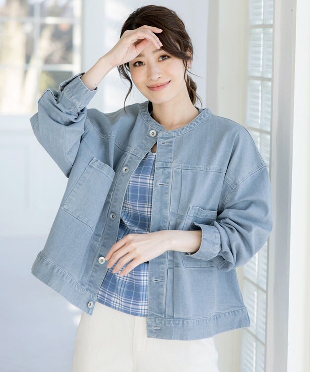 Tiaclasse 【洗える】ゆったりシルエットの幅広カフスブラウス ブルーチェック