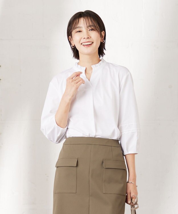 J.PRESS LADIES L コンビジャージー フリルネック カットソー ホワイト系