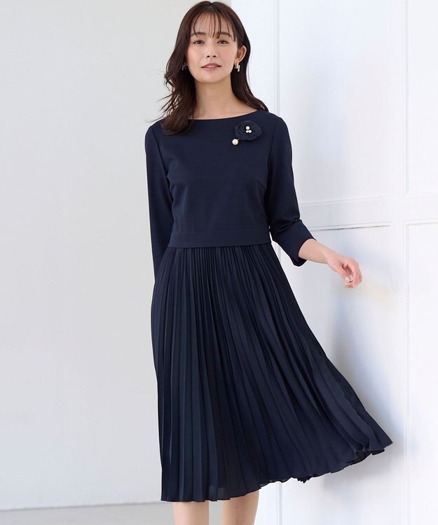 組曲 【KUMIKYOKU NAVY】ジャージーコンビプリーツ ワンピース ネイビー系