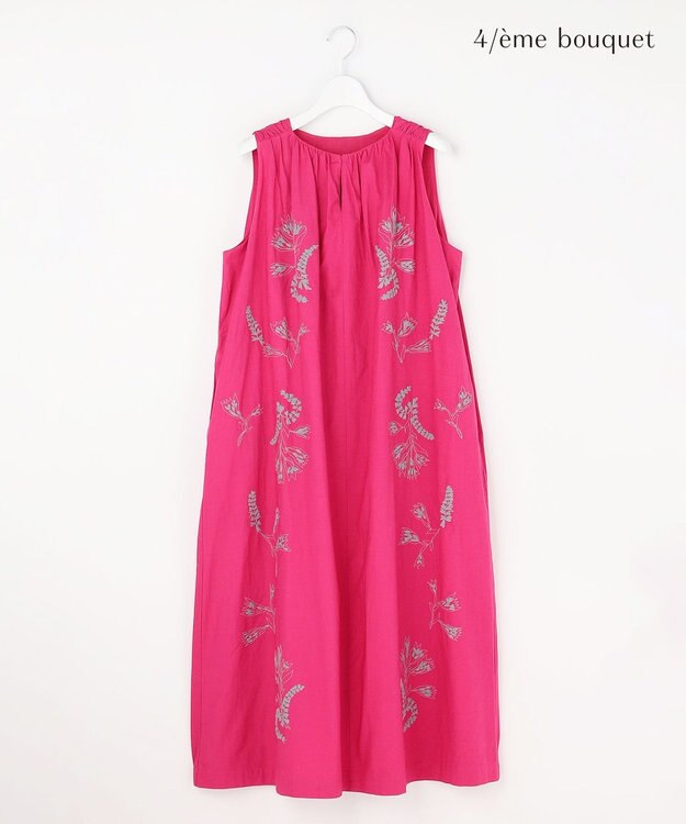 自由区 【カトリエムブーケ】Broderie a motifs floraux 刺繍サックワンピース ピンク×グレー