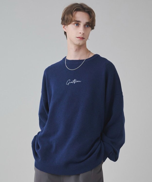 WEGO 【ユニセックス着用ITEM/SMLサイズ展開】アクセ付きワンポイントニットプルオーバー ネイビー