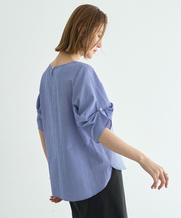 YECCA VECCA パールタックスリーブブラウス Stripe