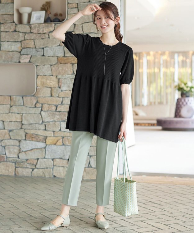 Tiaclasse リブ切替スカラップニットチュニック ブラック