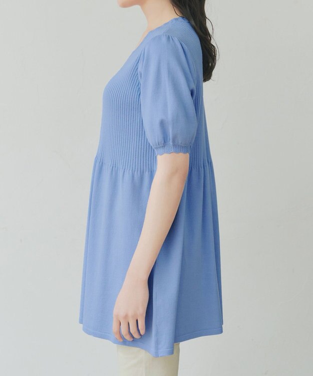 Tiaclasse リブ切替スカラップニットチュニック ブルー
