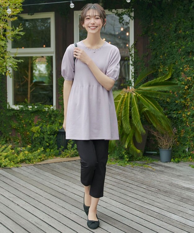 Tiaclasse リブ切替スカラップニットチュニック ラベンダーグレー