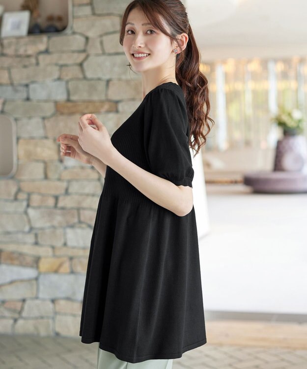 Tiaclasse リブ切替スカラップニットチュニック ブラック