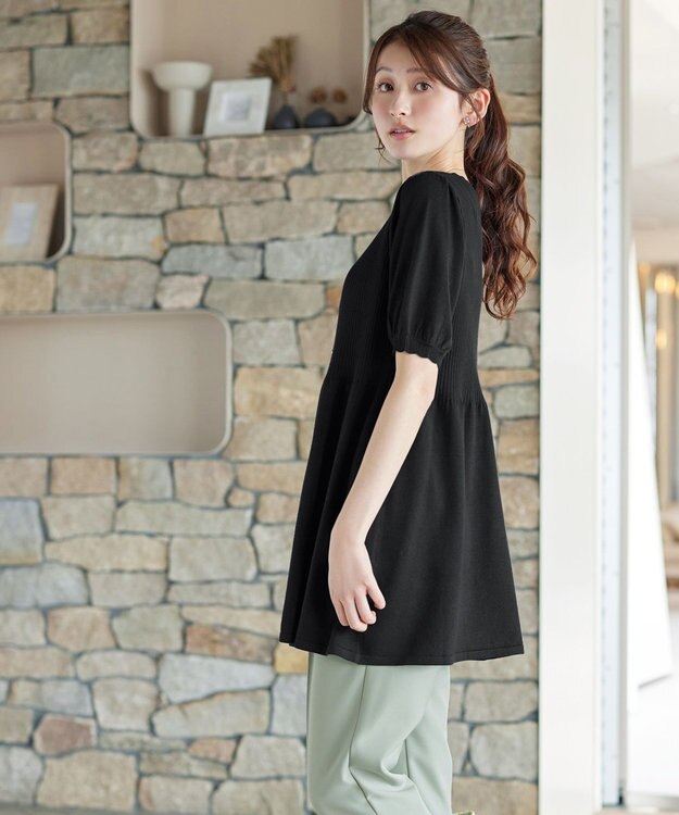 Tiaclasse リブ切替スカラップニットチュニック ブラック